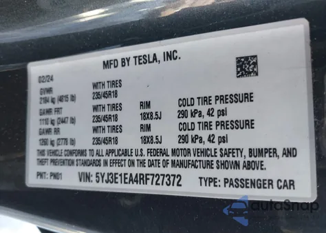2024 Tesla Model 3 Long Range Dual Motor All-Wheel Drive/Rear-Wheel Drive z USA, uszkodzony, nr VIN 5YJ3E1EA4RF727372